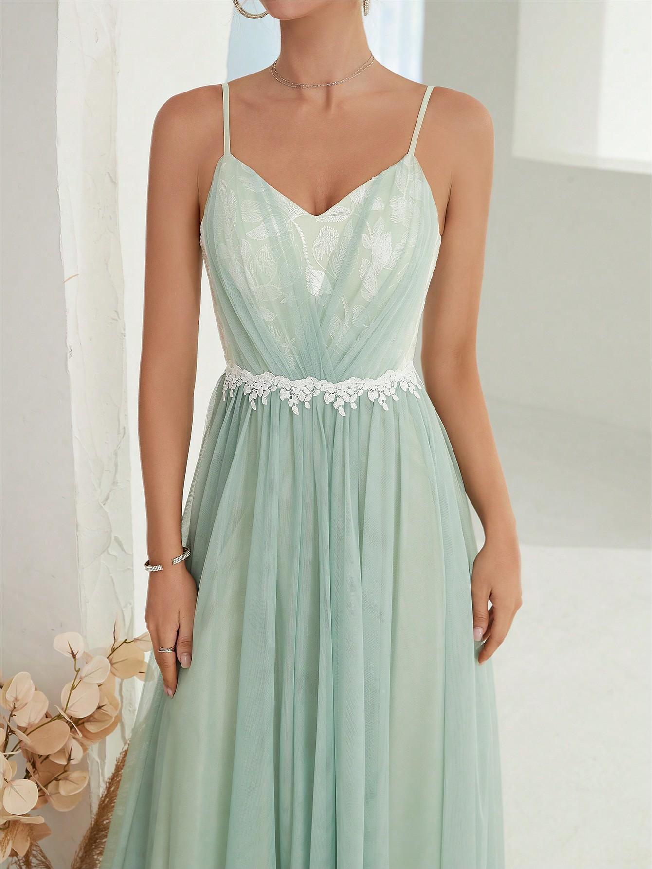 Women Suspender Evening Dress Mesh Cross Fold Lace Contrast Color Maxi Dress Summer