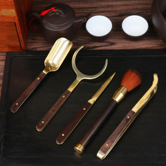 Brass Tea Set with Copper-wood Tea Tongs, Tea Spoon, Pot-Care Pen, and Accessories—Featuring Brass, Rosewood, and Ebony Materials for the Six Gentlemen of Tea Ceremony