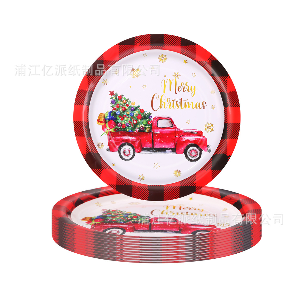 Navidad transfronteriza árbol de Navidad rojo verde celosía coche de Navidad juego de vajilla desechable bandeja de papel decoración de fiesta