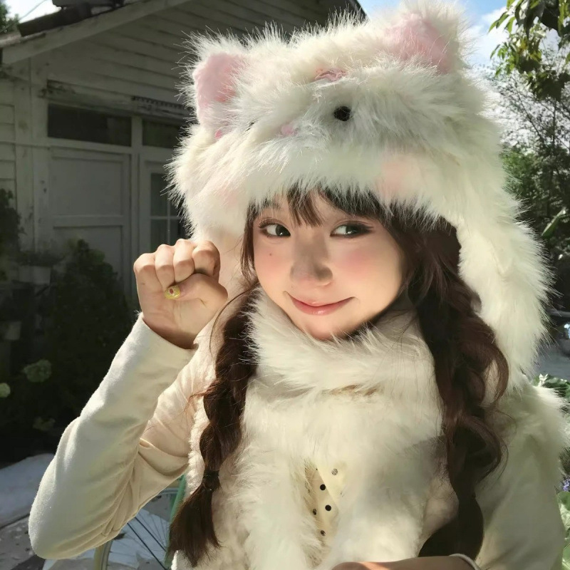 冬季新款发夹猫咪甜美腮红卡通加厚可爱毛绒帽子护耳帽围巾两件套|undefined