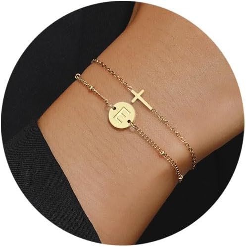 Ferlyhr Women's Gold Initial Bracelet Valentine's Day Gift Gold Plated Layered Beaded Initial Bracelet