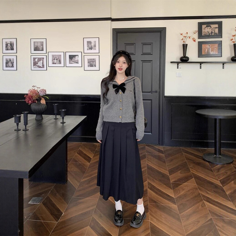 灰色蝴蝶结针织开衫学院风海军领毛衣外套百褶半身裙两件套女秋冬|undefined