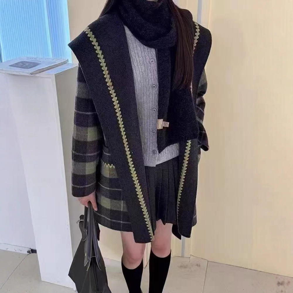 2025新款双面羊毛时尚百搭格子双面呢大衣宽松系带大翻领外套女