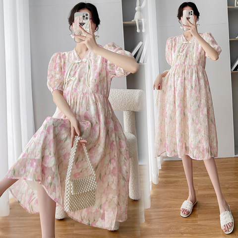 Maternity Wear 2025 Summer Nursing Clothes Improved Cheongsam Design Loose and Sweet Chiffon Floral Dress