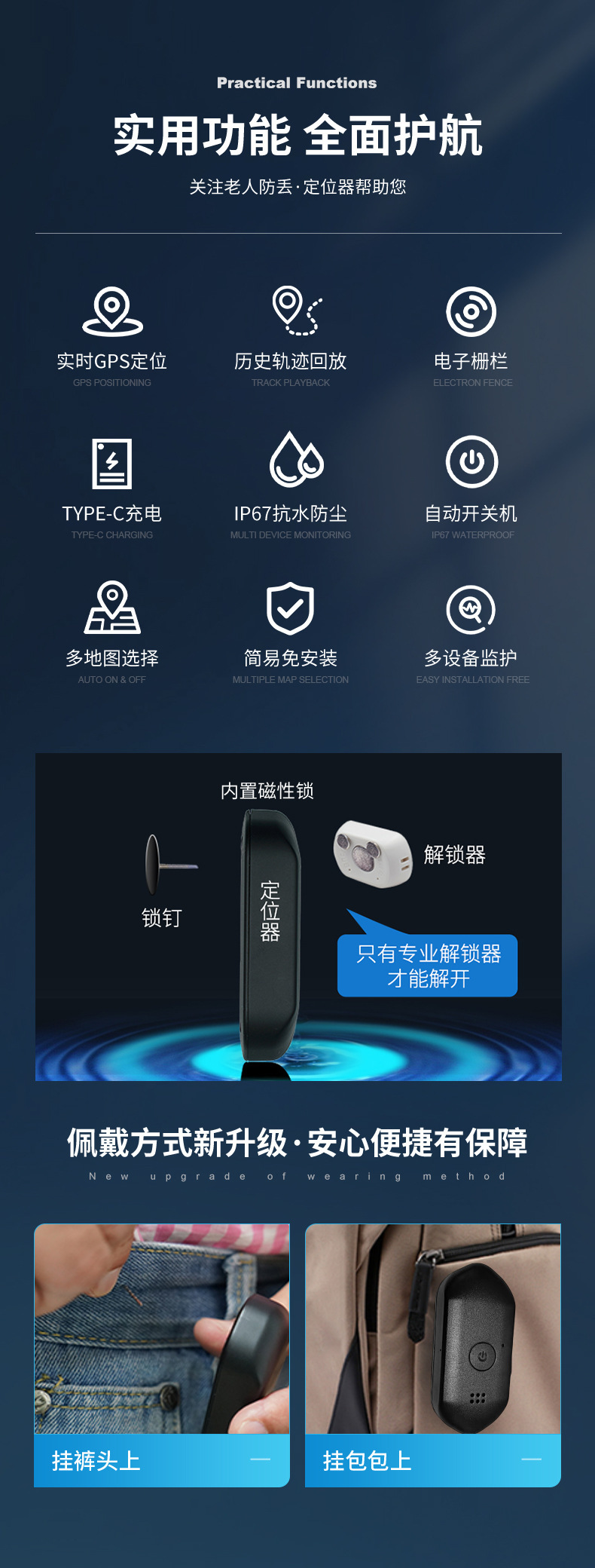 Children's GPS tracking device, GPS and Beidou anti-lost tracker for kids and babies, smart locator for the elderly to prevent loss