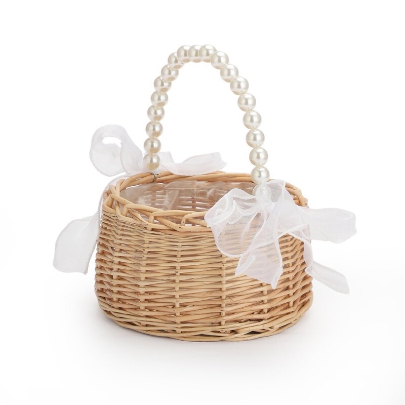 Cross-border Wedding Flower Basket, Petal Pearl Satchel Basket, Rattan Basket, Woven Flower Basket, Souvenir Candy Blue Photo Basket