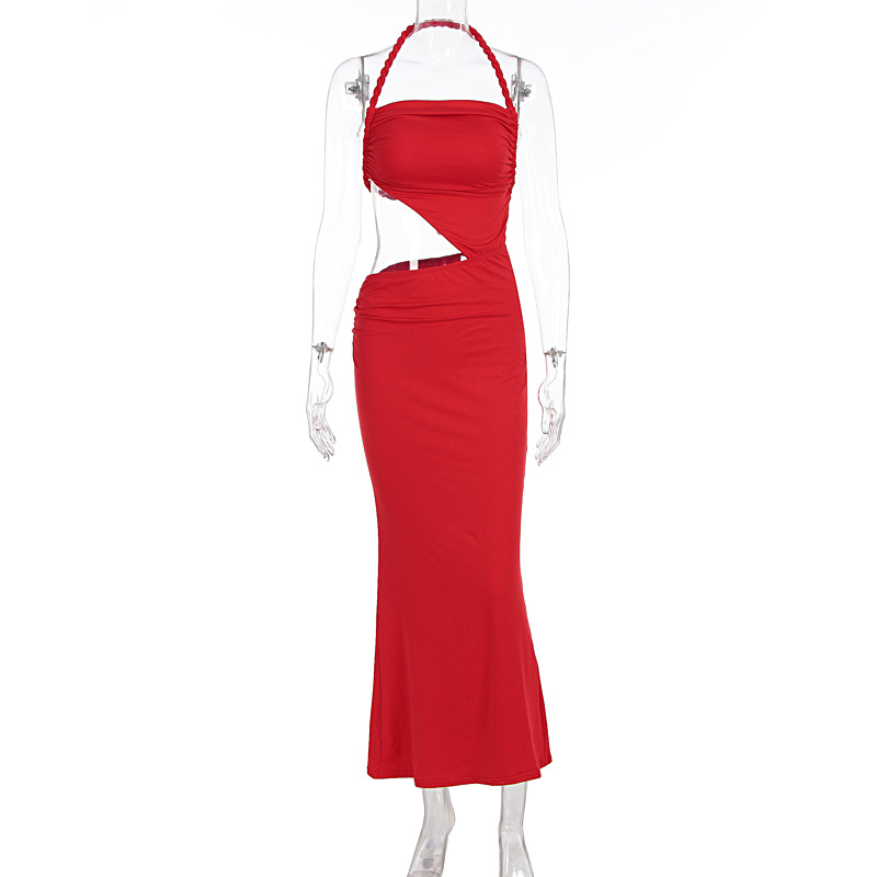 Sexy Spice Girl Braided Neck Hollow Out Sleeveless Slim Fit Bodycon Summer Casual Party Dress For Women_ecoleips.com