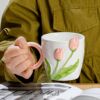 Creative relief hand -painted tulip ceramic cup home office coffee water cup net red ceramic mug cup