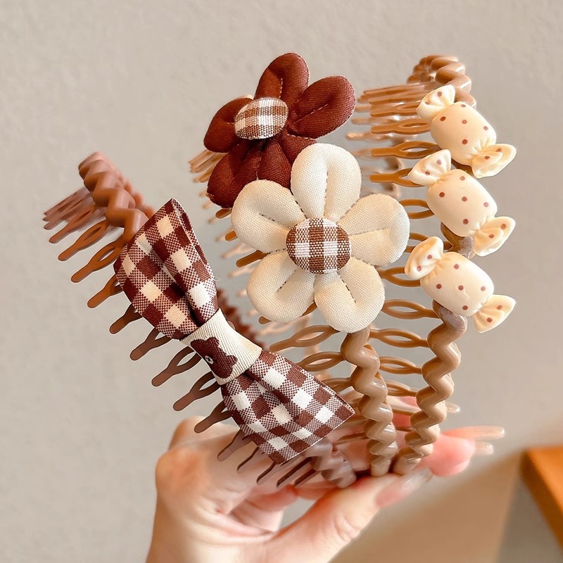 Otoño y invierno leche de café lindas flores peinadas peinadas de cabello para niños dibujos animados cinturón de cabeza de dientes antideslizantes peinadas de cabello para mujeres