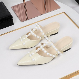 599-10 Korean version shallow mouth hollowed out wedge heel women's shoes white rivet fashion half drag pointed toe