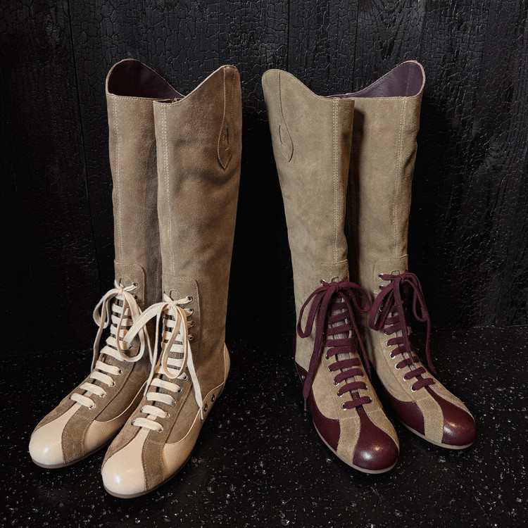 头层羊皮+牛翻皮运动休闲长靴女 冬新款真皮绑带平跟不过膝骑士靴