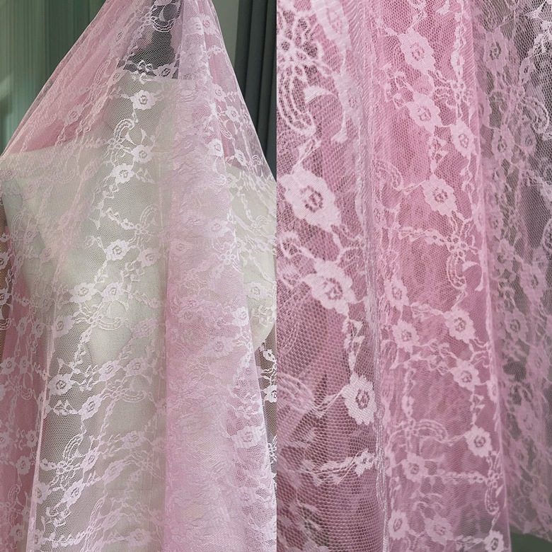 粉色半透明镂空蕾丝布料面料礼服连衣裙服装布料花边辅料