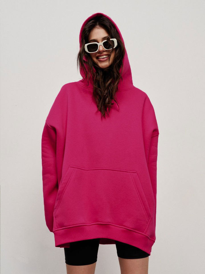 Áo hoodie nỉ lông dáng rộng có mũ và túi, tay dài, dáng unisex — Màu cà phê, Màu hồng, Màu xám, Màu đen chi tiết 42