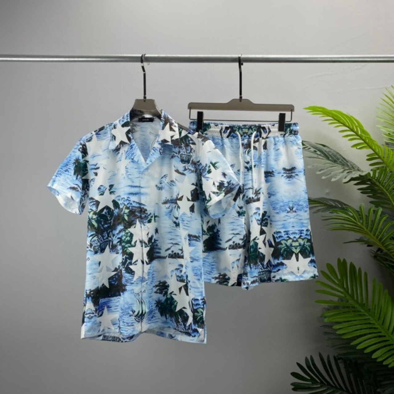 New Spring/Summer AM Complete Shorts and Shirt Set, Men's and Women's Style, European and American Trendy Brand, 3D Digital Printing