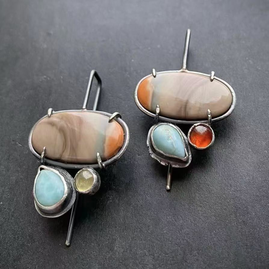 Sanjie Independently Developed New Unique Women's Earrings, Creative Gemstone Asymmetrical Earrings, Cross-Border Hot Style