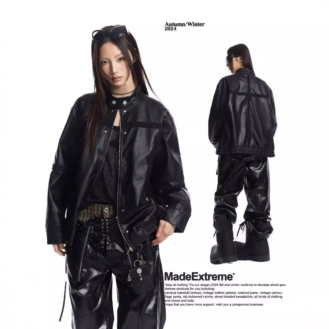 MADEEXTREME Американская ретро модная байкерская куртка с заклепками Куртка из искусственной кожи Нишевое структурированное пальто с лацканами