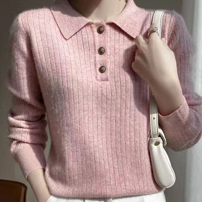 【 Cashmere Family】 Maglione corto in lana con collo polo, stile femminile, con strato interno lavorato a maglia, autunno/inverno_voghion.com