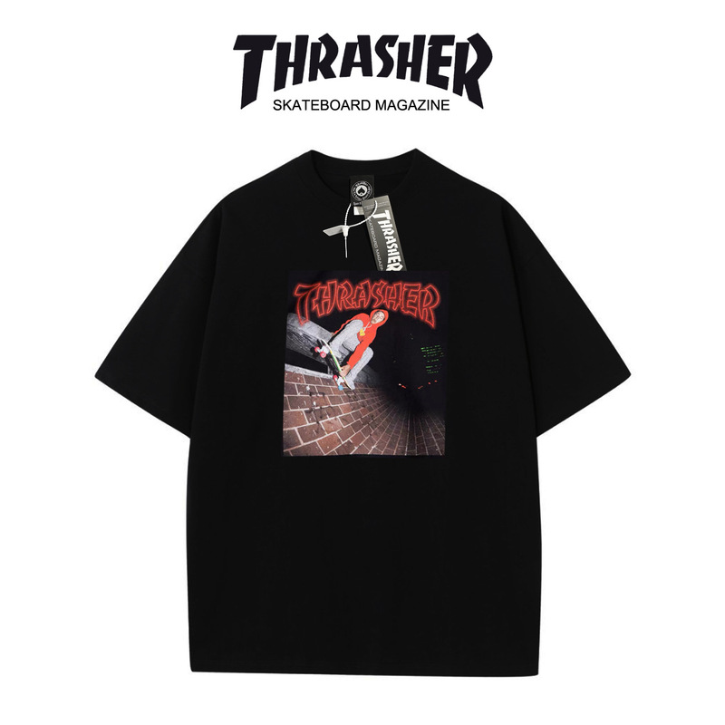 Fashion Trendy Thrasher Flame Short-Sleeved Men's and Women's Skateboarding Sports Printed Couple T-Shirt Casual Loose Top