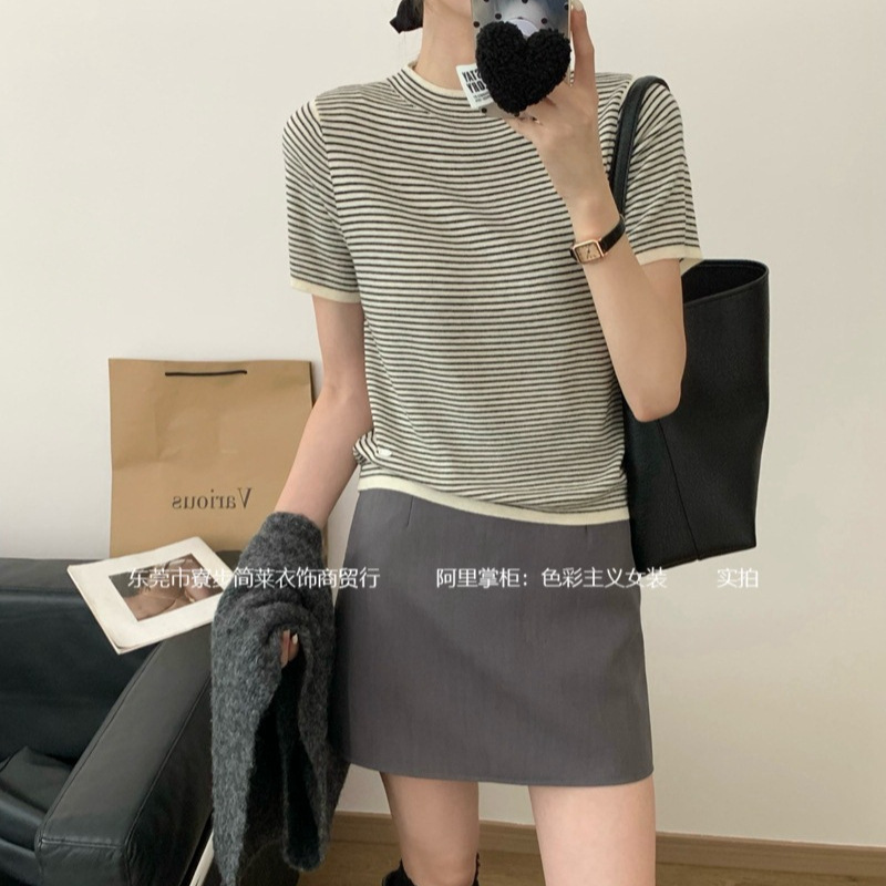 Knocking fine 9 wool ~ Korean semi-high collar short sleeve sweater women's spring and autumn slim fit short bottoming outer jacket women