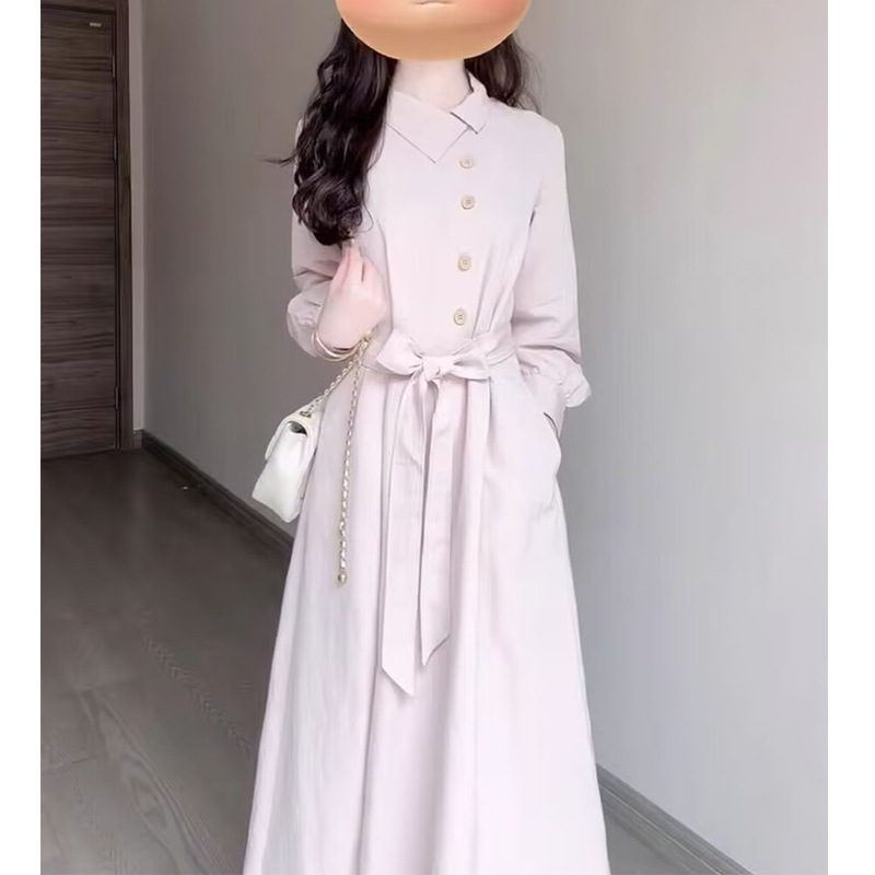 锦倩 罗马画报-秋季新款法式文艺风立领翻领长袖腰带宽松连衣裙潮|undefined