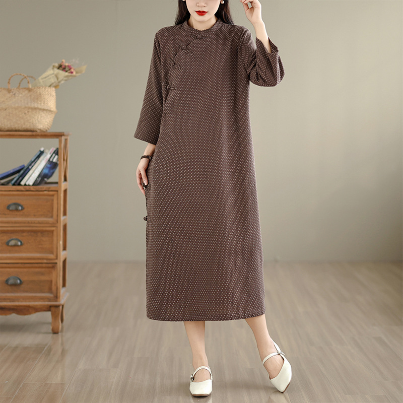 Vintage Open-Front Three-Quarter Sleeve Dress for Women, Spring/Summer Cotton Linen Jacquard Improved Cheongsam Zen Tea Dress Long Dress Vintage Open-Front Three-Quarter Sleeve Dress for Women, Spring/Summer Cotton Linen Jacquard Improved Cheongsam Zen Tea Dress Long Dress
