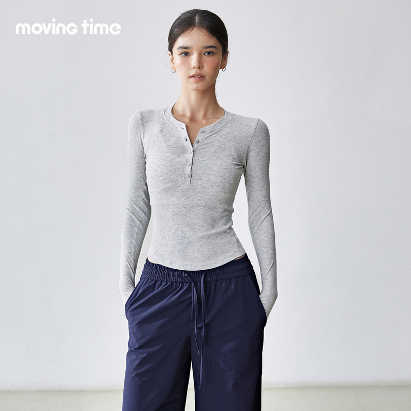 In-Stock Movingtime Henley Shirt Women's Yoga Wear Long-Sleeve Sports Fitness Wear Pilates Training Base T-Shirt