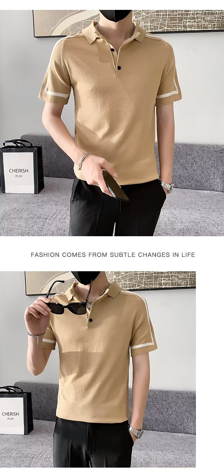 Herr polo randig kort ärm slim fit stickad sommartröja_voghion.com