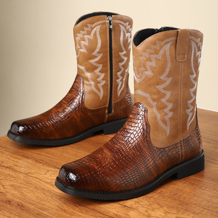 New Western Cowboy Boots Breathable Round Toe Boots British Style Trendy Leather Boots Men's Simple Mid-Top Martin Boots