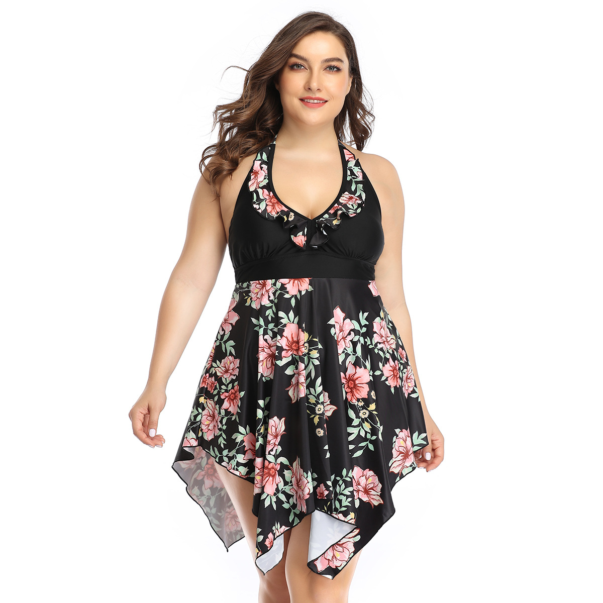 New oversized for women with added fat and enlarged skirt style conservative belly covering gathered lace split swimsuit_voghion.com