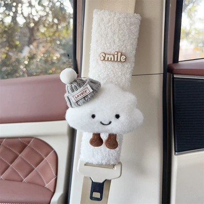 Car Seat Belt Shoulder: Seat belt shoulder pad - white-plush-shoulder-cover-white-cloud-grey-hat