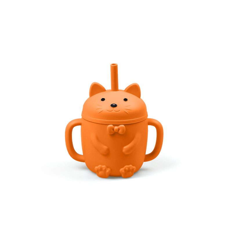 Cross-Border New Baby Cat Cup de silicona BPA GRATIS suplemento alimenticio taza de paja taza de bebida resistente a la caída gato de dibujos animados