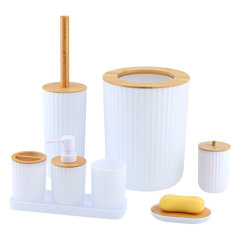 Productos de madera de bambú lavado traje Hotel baño suministros basurero algodón hisopo traje de baño bandeja de plástico conjunto de ocho piezas