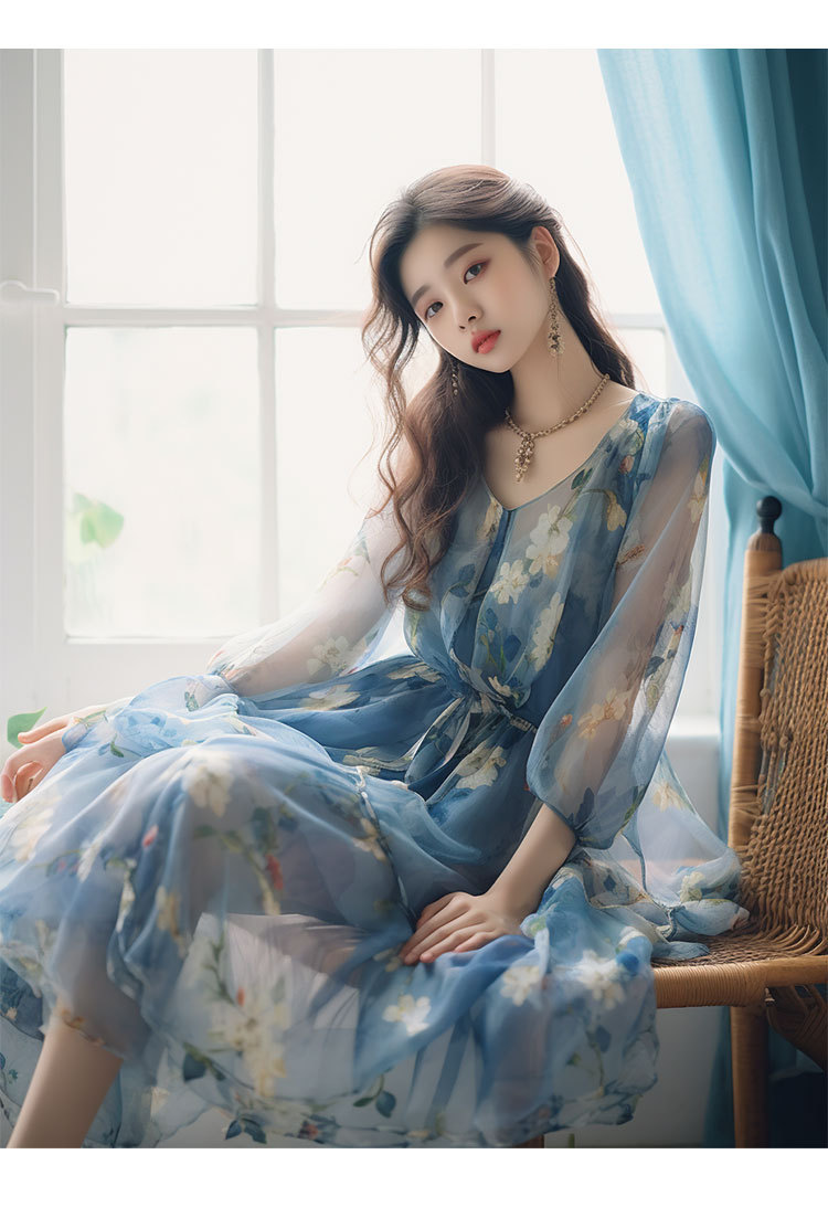 Váy liền hoa nhí cổ chữ V dài tay mùa hè FL231941 – váy dài thắt eo voan tiên nữ tinh tế — chiếc váy màu xanh chi tiết 3