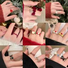 欧美圣诞苹果圣诞树戒指氛围感新年喜庆串珠珐琅滴油开口卡通指环