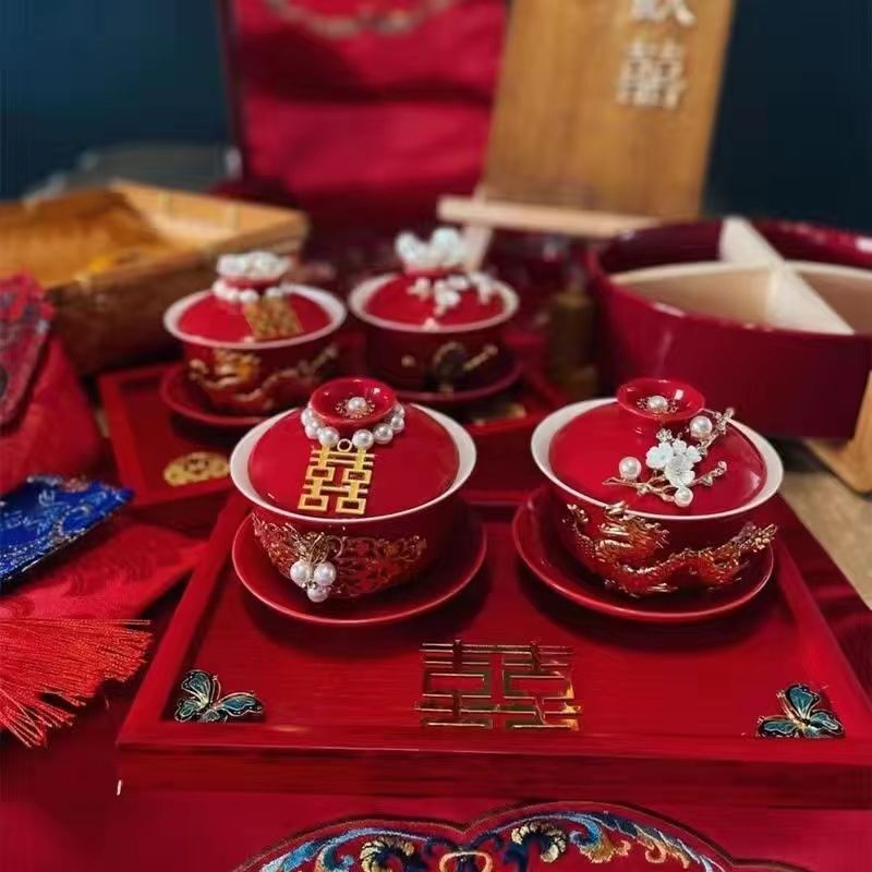 喜結連理敬茶杯結婚祝い用品持参対杯diy手作り装飾陶磁器蓋結婚祝い用品大全|undefined