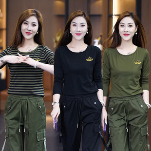 [single piece] autumn new long sleeve top women's sports leisure T-shirt round neck slim slim black top
