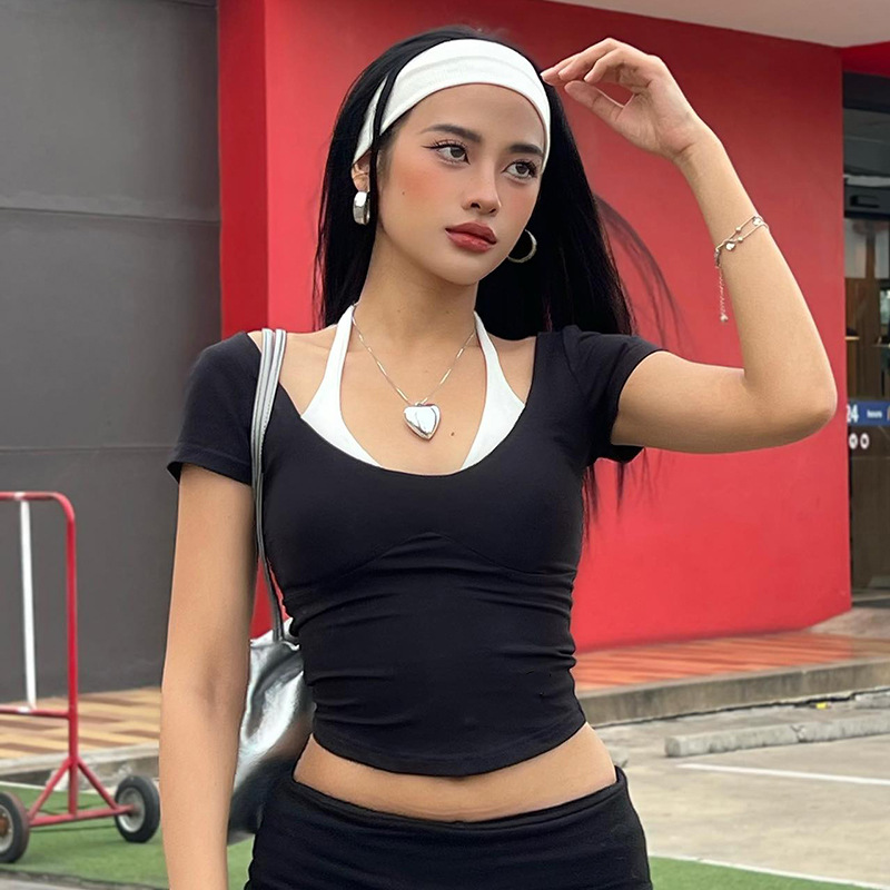 D24TP315 American sweet and spicy style contrasting color fake two-piece halter neck tie rope slim short-sleeved T-shirt top for women