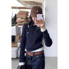 韩系穿搭polo领麻花早秋复古显瘦套头针织衫上衣女装毛织工厂批发
