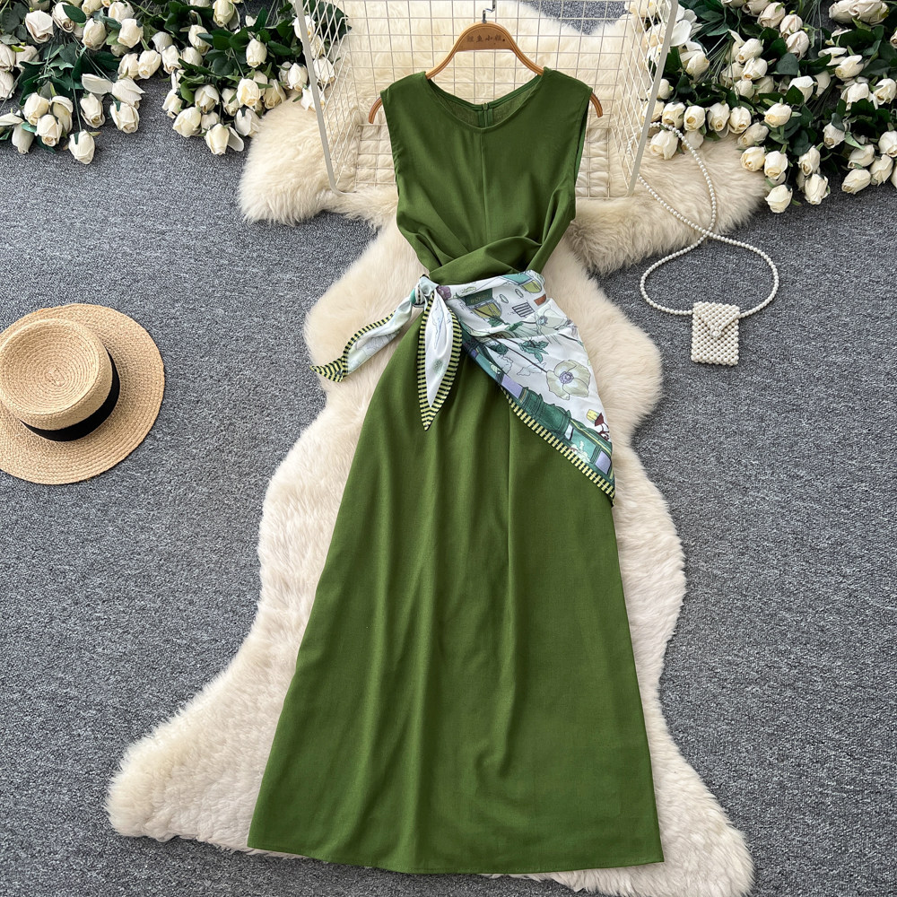Elegant Sleeveless Round Neck Dress Style Summer Asymmetrical Long Dress With Scarf And Slit Sophisticated Tie Waist For Commuting_ecoleips.com