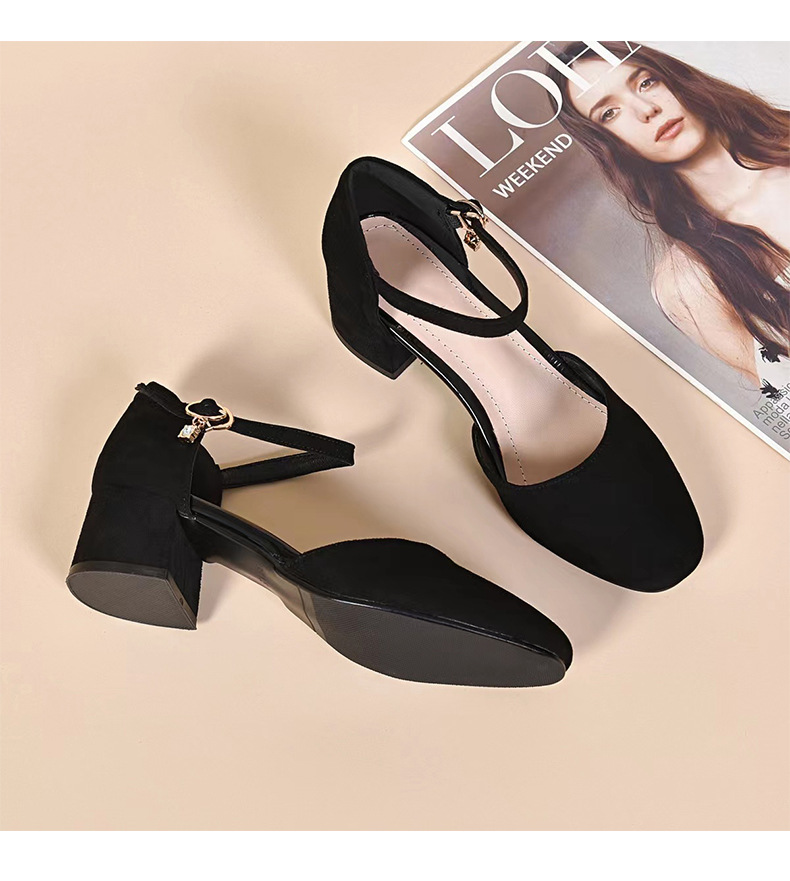 Sandal cao gót nữ quai ngang gót vuông da lộn — Màu đen Cashmere chi tiết 13