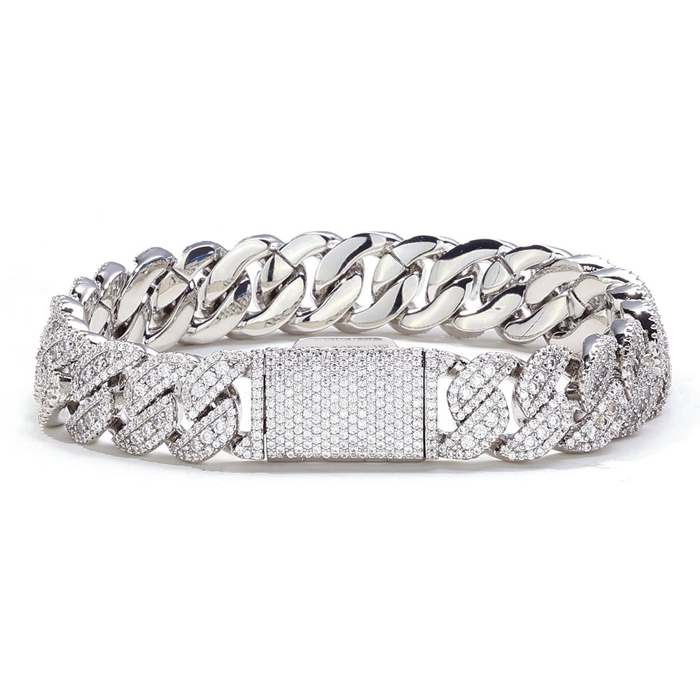 European And American Hip-Hop Hot Sale 14mm Flip Clasp Full Diamond Zircon Cuban Chain Men's Bracelet Cross-Border_voghion.com