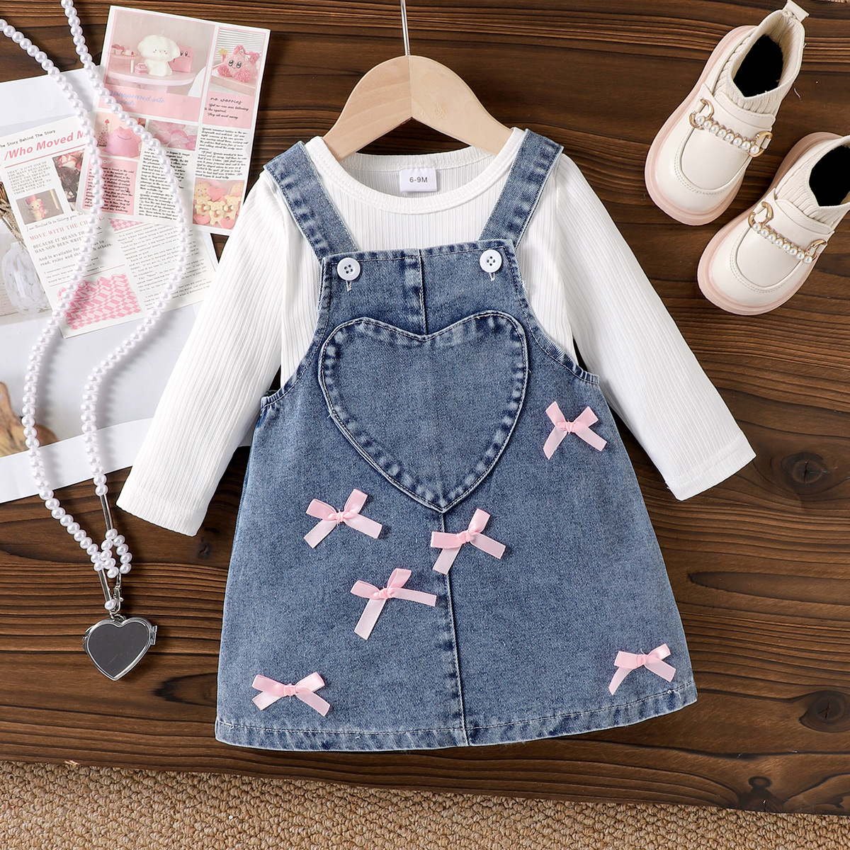 Spring Autumn Ribbed Long Sleeve Cute Bow Denim Set Toddler Girls Overall Dress Two Pieces_voghion.com