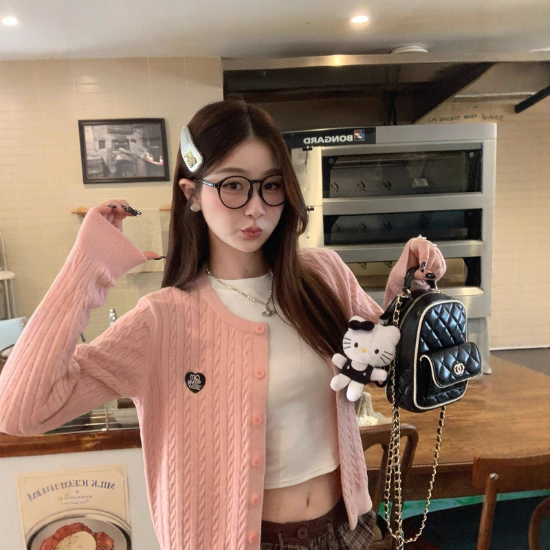 Pink Cardigan Women's Knitted 2025 New Early Autumn Korean Style Top Miu Sweater Jacket