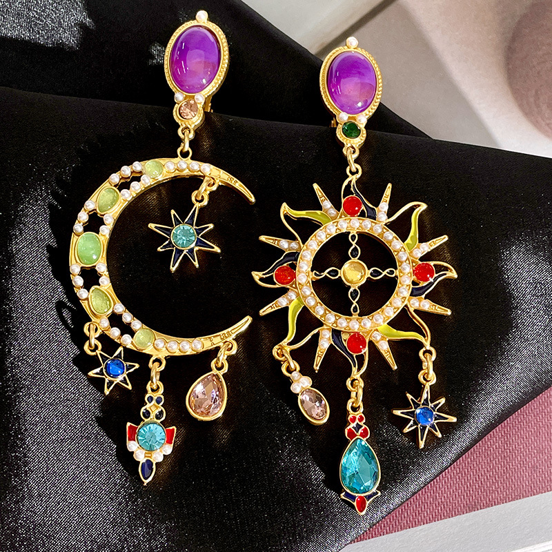 Mid-ancient Special-interest Design Colored Glaze Crystal Moon Asymmetric Earrings