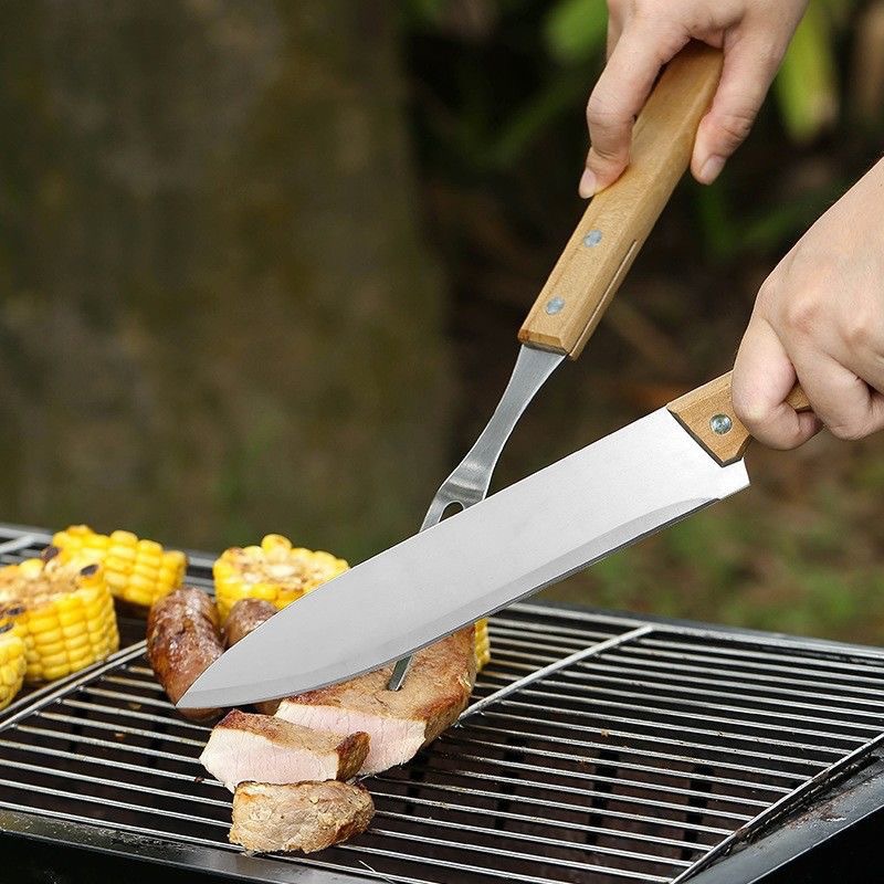 Mango de madera de acero inoxidable al aire libre conjunto de parrilla de parrilla de camping portátil herramientas de barbacoa para el hogar