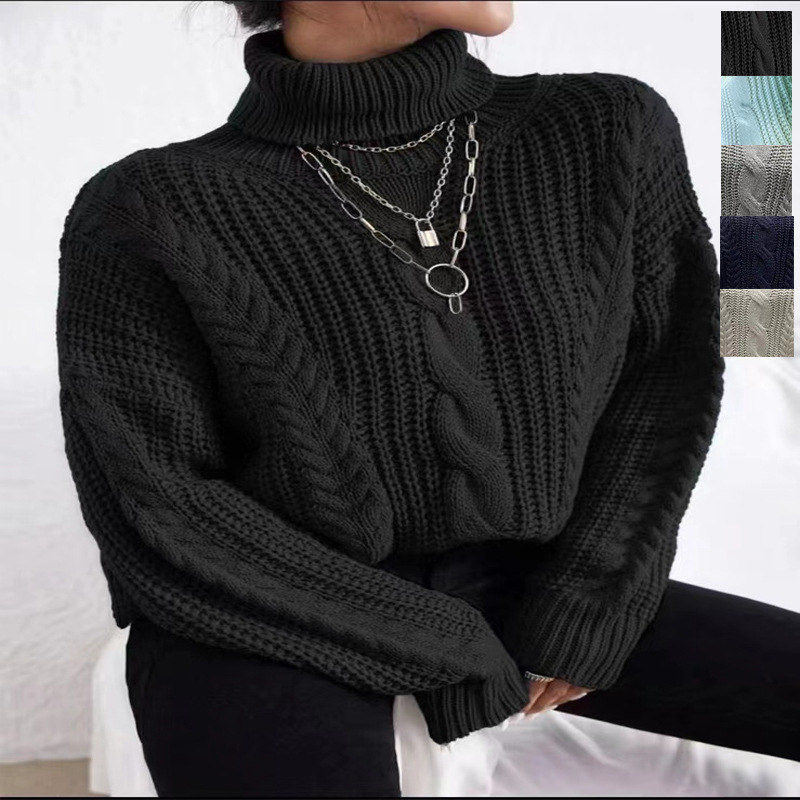 2023 Amazon AliExpress cross-border Europe and the United States new ladies solid color sweater lantern long sleeve high collar casual sweater