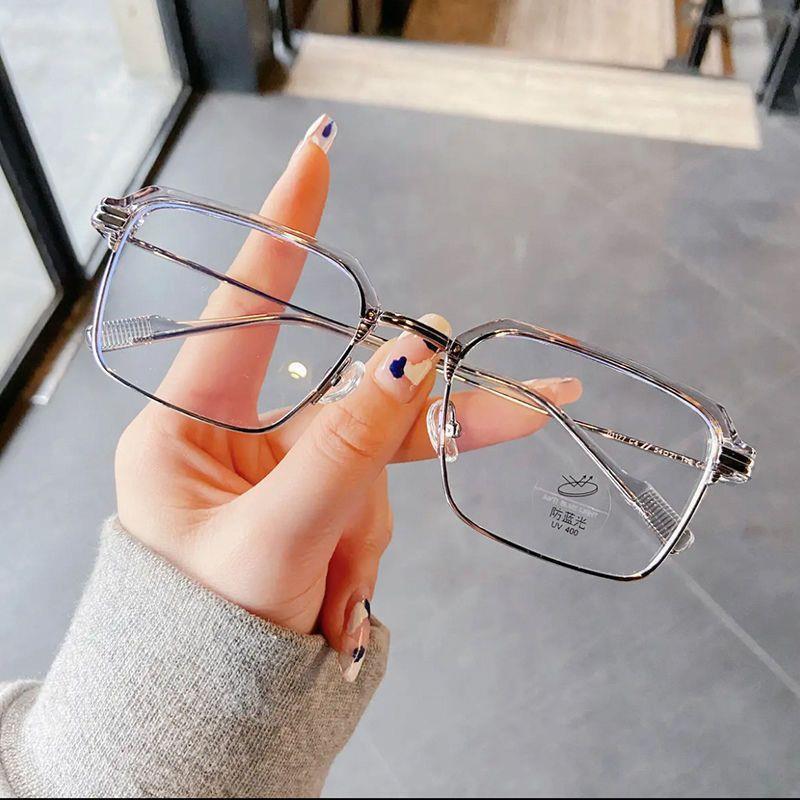 Anti-Blue Light Glasses Half Frame Square Frame Business Style Plastic Metal Hybrid Frame Personalized Trendy Ac Lens Cross-Border