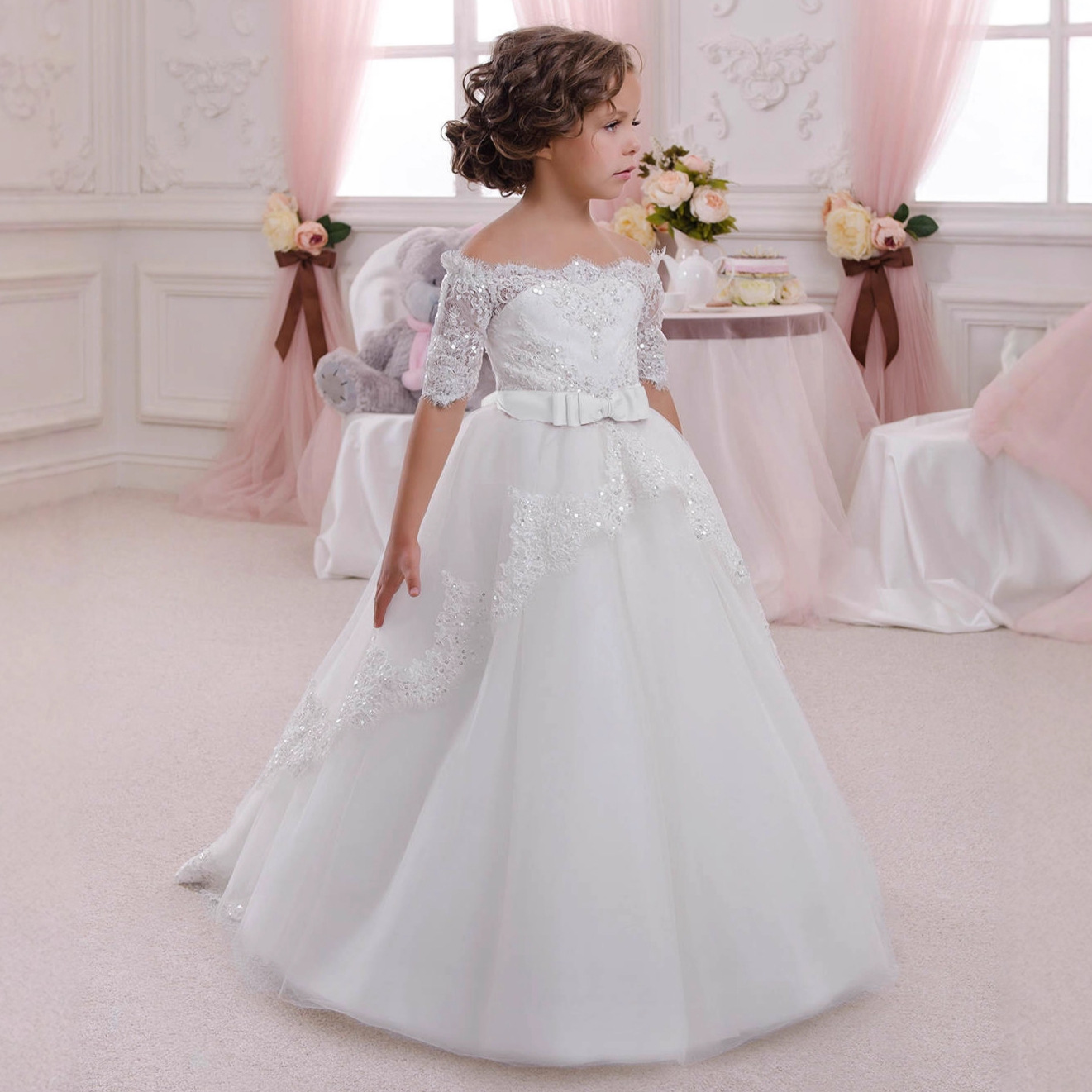 Amazon AliExpress ropa de los niños europeos y americanos Comercio exterior arco diamante bola niña vestido boda niña princesa