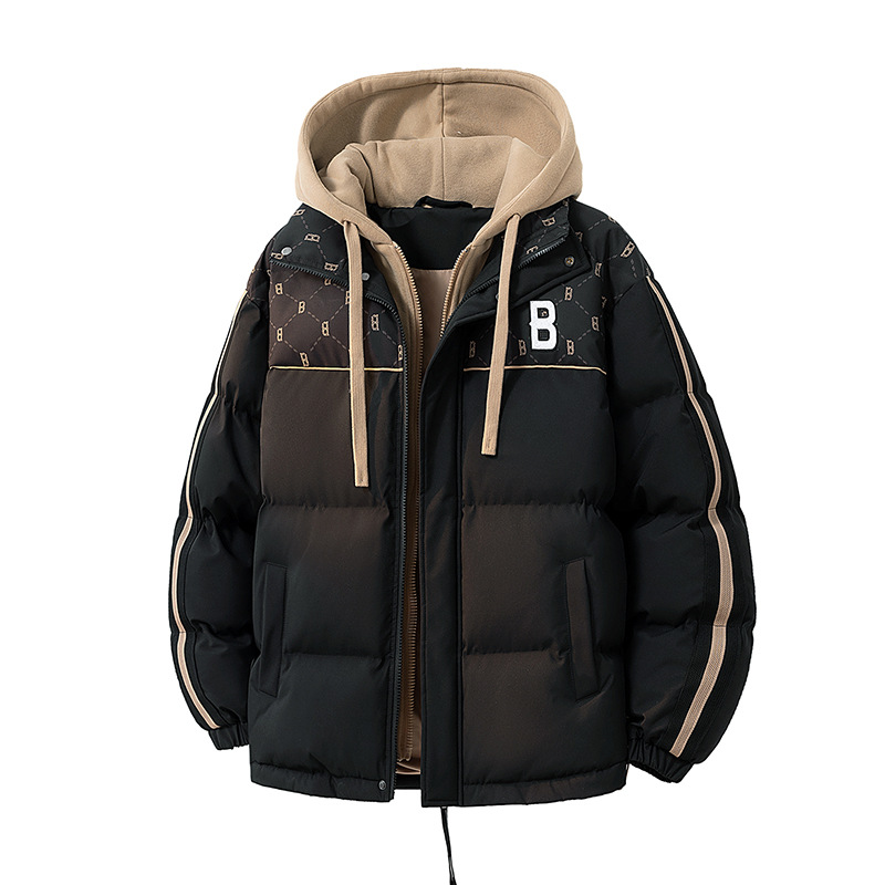 潮牌假两件连帽棉衣男款保暖加厚休闲棉袄以纯冬季装学生外套棉服