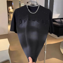 新款春季时尚百搭休闲品质潮衣痞帅简欧烫钻渐变色宽松短袖t恤男